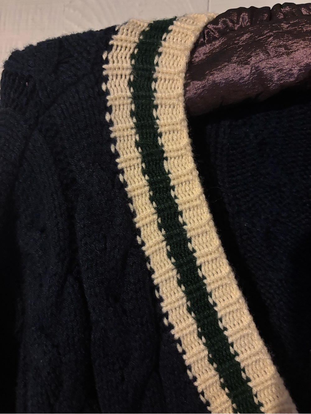 En Saison Navy V-Neck Cable Sweater with Cream & Dark Green Trim - Picture 3 of 4
